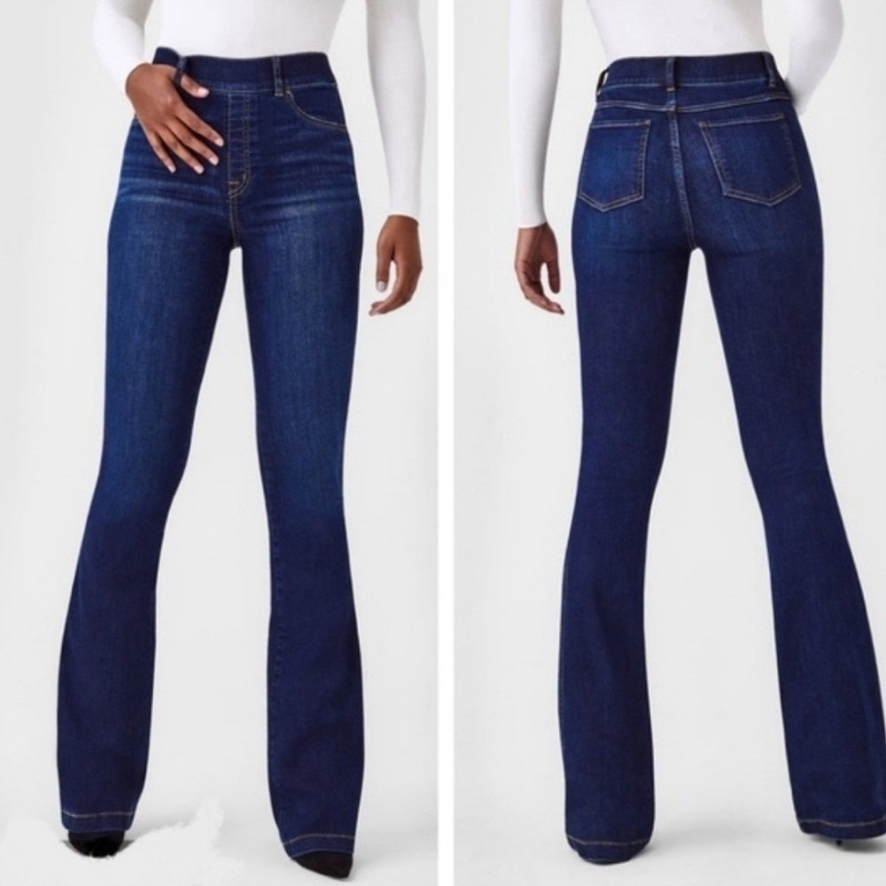 Spanx Jeans Womens Medium Flare High Rise Midnight Shade Dark Indigo Pull On